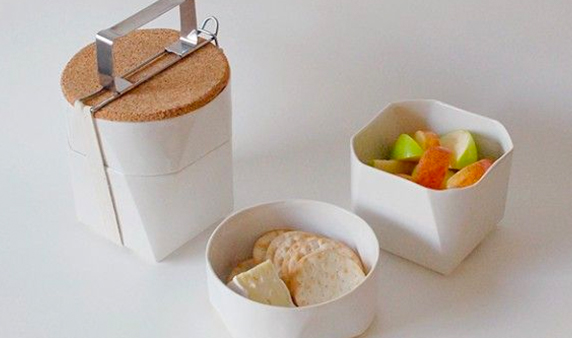 Ceramic lunch box with fruits biscuits and cheese