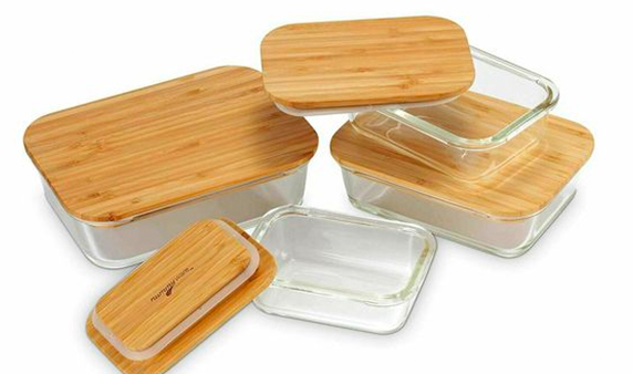Glass food container with bamboo lids