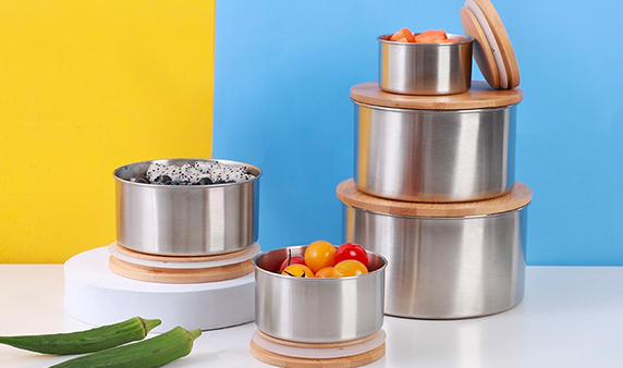 Round Stainless Steel Food Container with Bamboo Cover