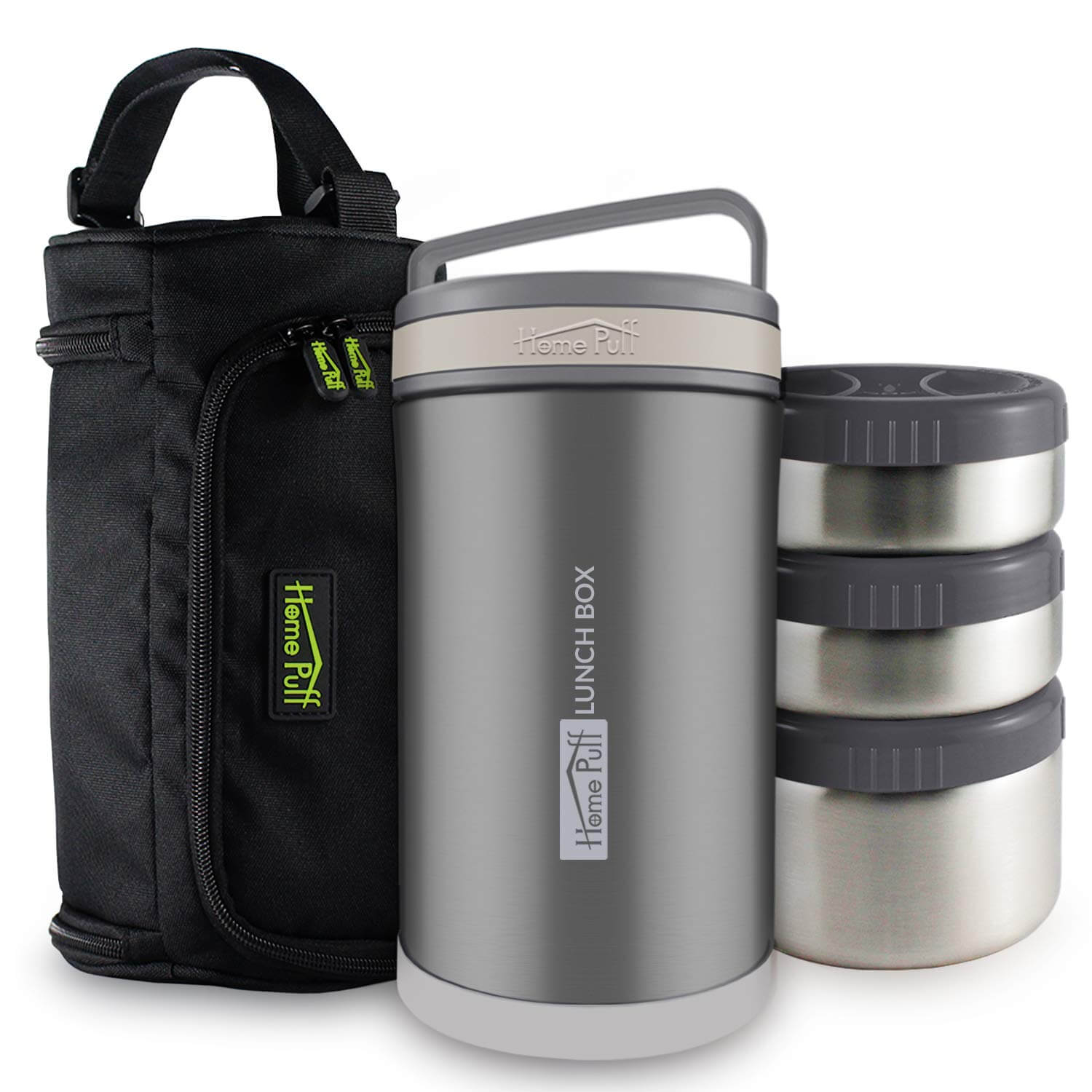 Home puff insulated lunch box with three containers and a bag