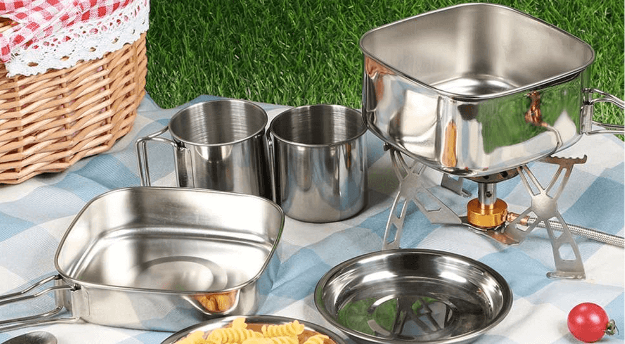 Nicety stainless steel camping cookware displayed
