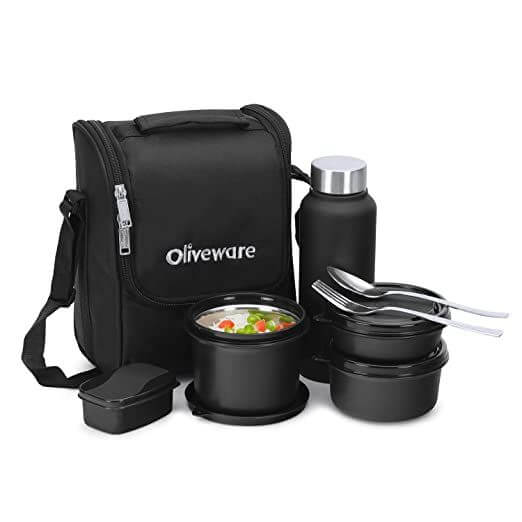 Oliveware tiffin boxes with bottle and carry bag