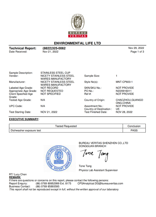 Test certificate of water cup in dishwasher.