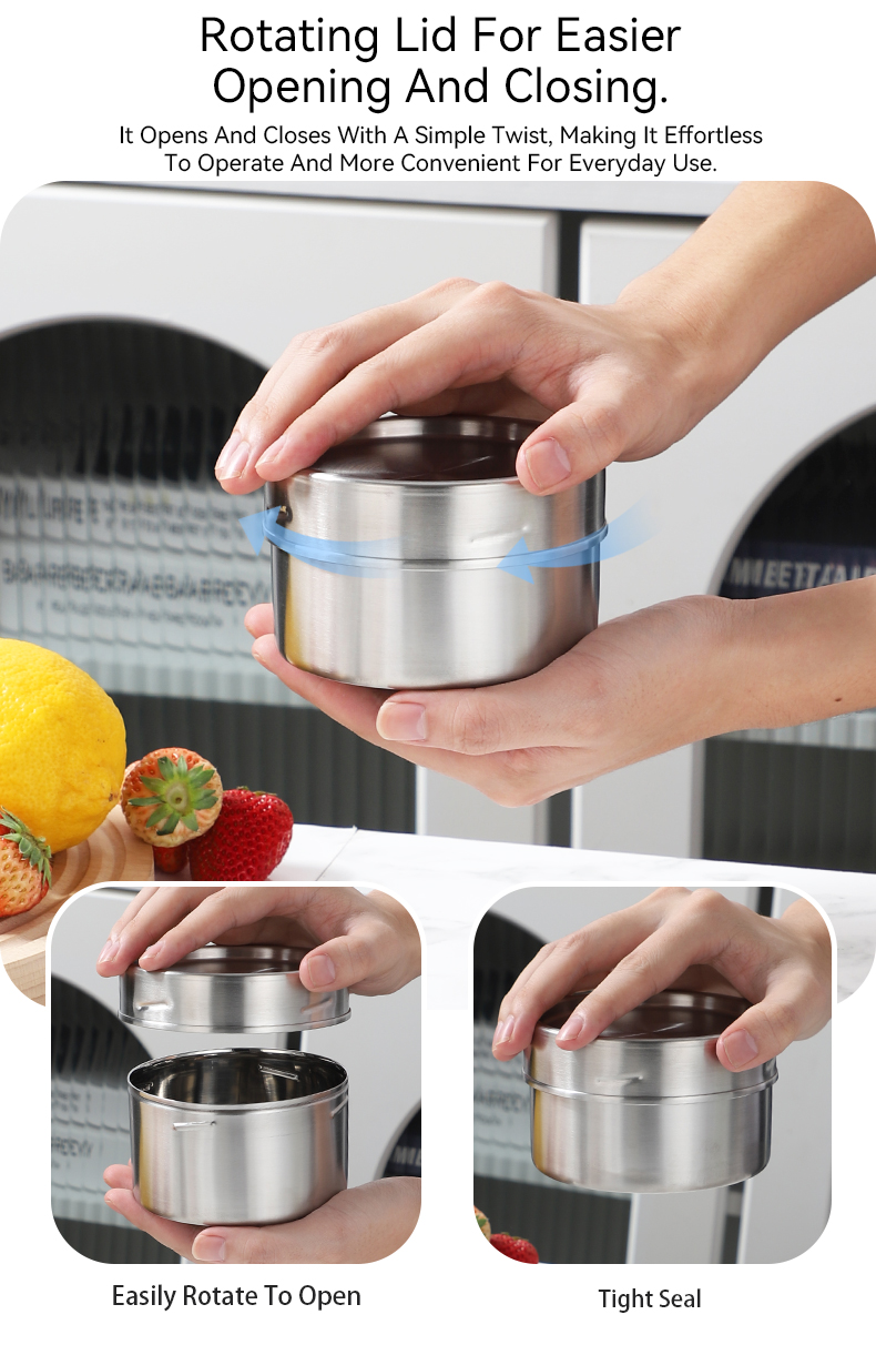 Easy twist screw top lid operation — stainless steel food container opening and closing