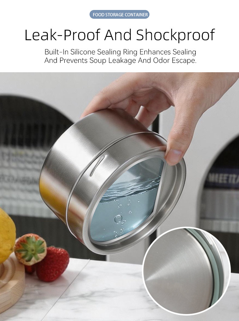 Leak proof demonstration — stainless steel container tilted with water silicone seal prevents spills