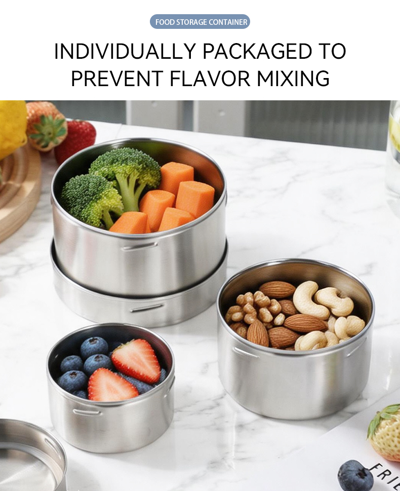 Separated food storage — broccoli carrots nuts and berries in three stainless steel containers