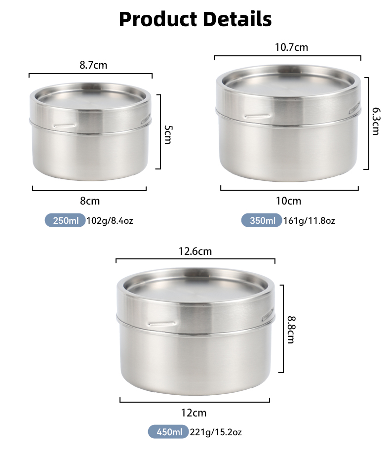 Sizes comparison chart — 250ml 350ml 450ml stainless steel food storage containers with dimensions