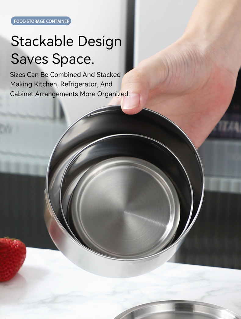 Stackable space saving design — three stainless steel containers nested together