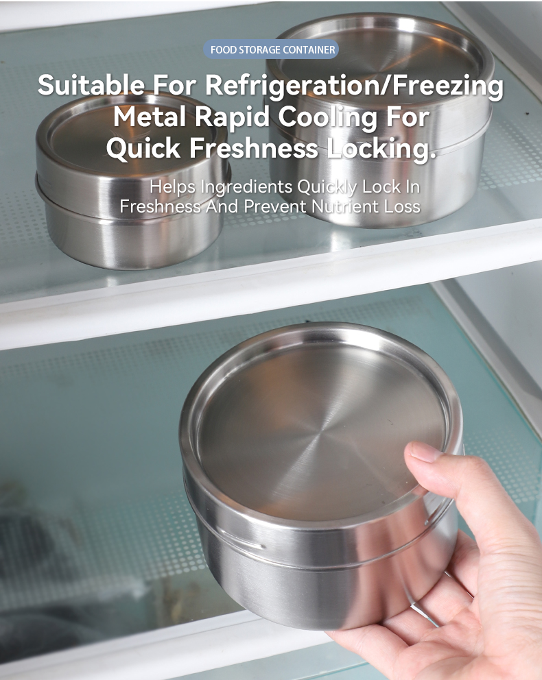 Stainless steel food containers in refrigerator — rapid cooling locks freshness