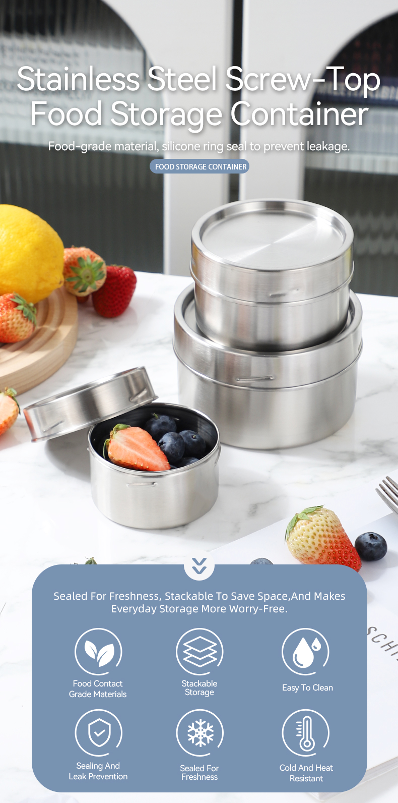 Stainless steel food storage containers 3 piece set with strawberries and blueberries on marble counter
