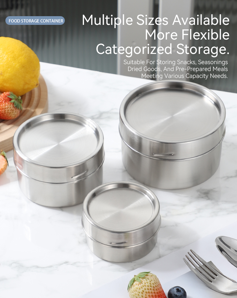 Three sizes stainless steel containers for categorized food storage — snacks seasonings meal prep